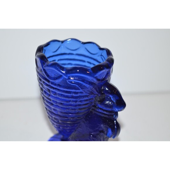 Vtg Cobalt Blue Glass Bunny Rabbit w/ basket Egg Cup Holder Toothpick Easter - Picture 3 of 6